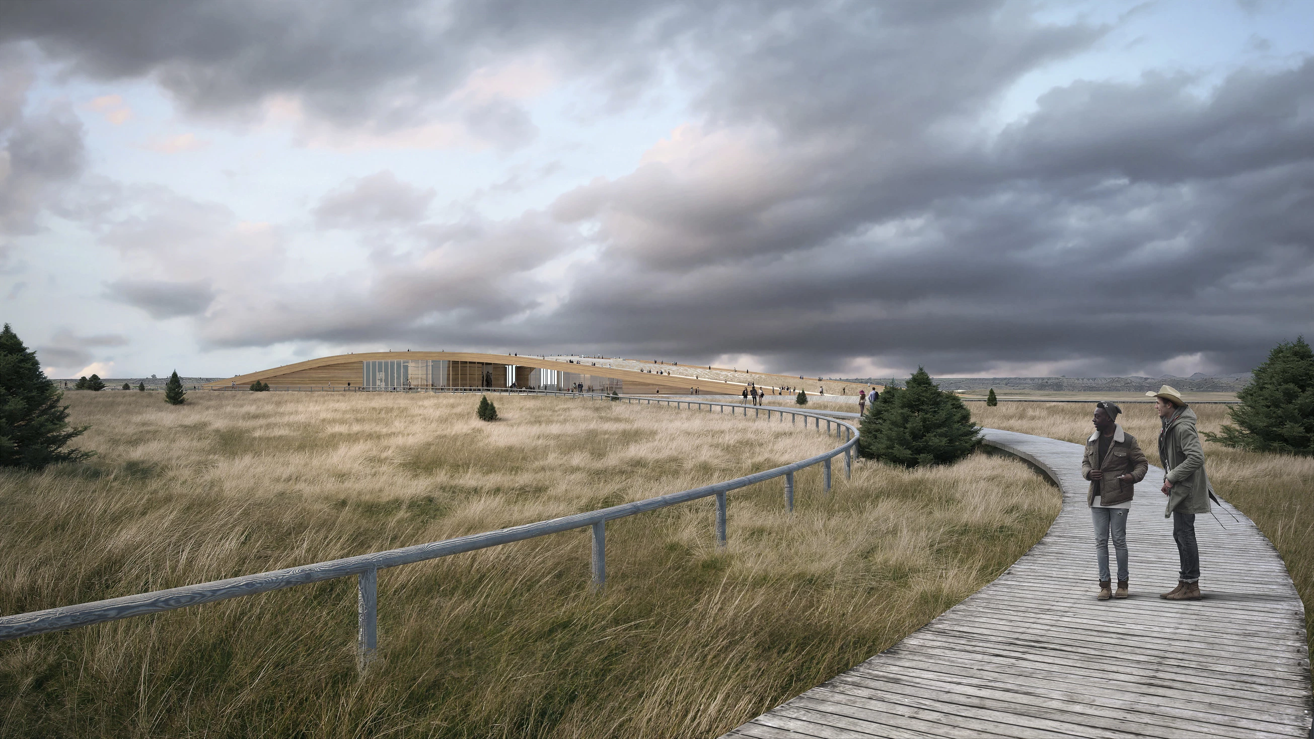 The Theodore Roosevelt Presidential Library's huge green roof will offer views over the Theodore Roosevelt National Park, the Little Missouri River valley, and the Elkhorn Ranch (a ranch established by the former President) in the distance.