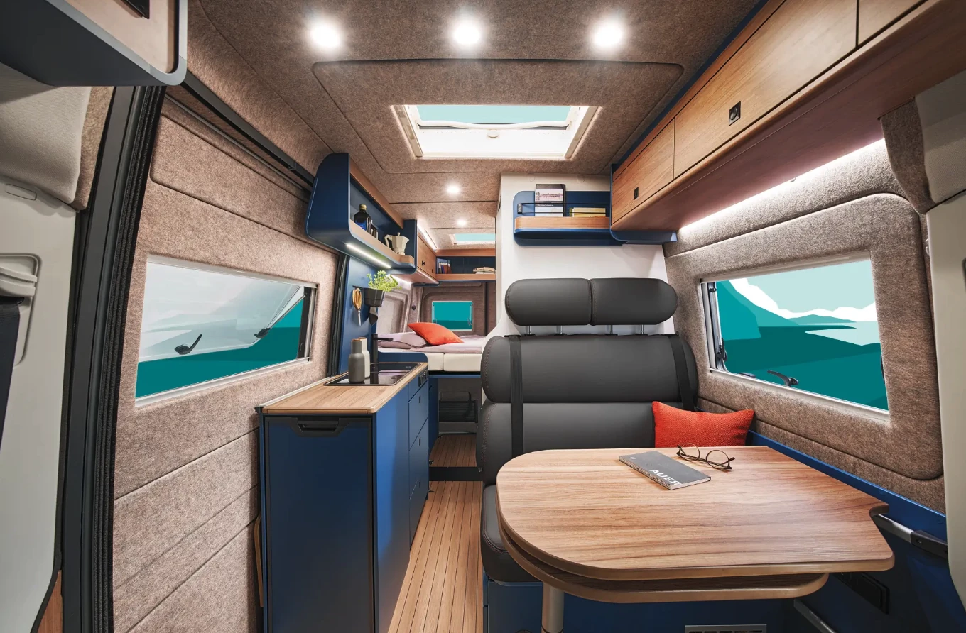 Inside the Eriba Car VW camper van (we're not sure what's up with Hymer's teal background out the windows)