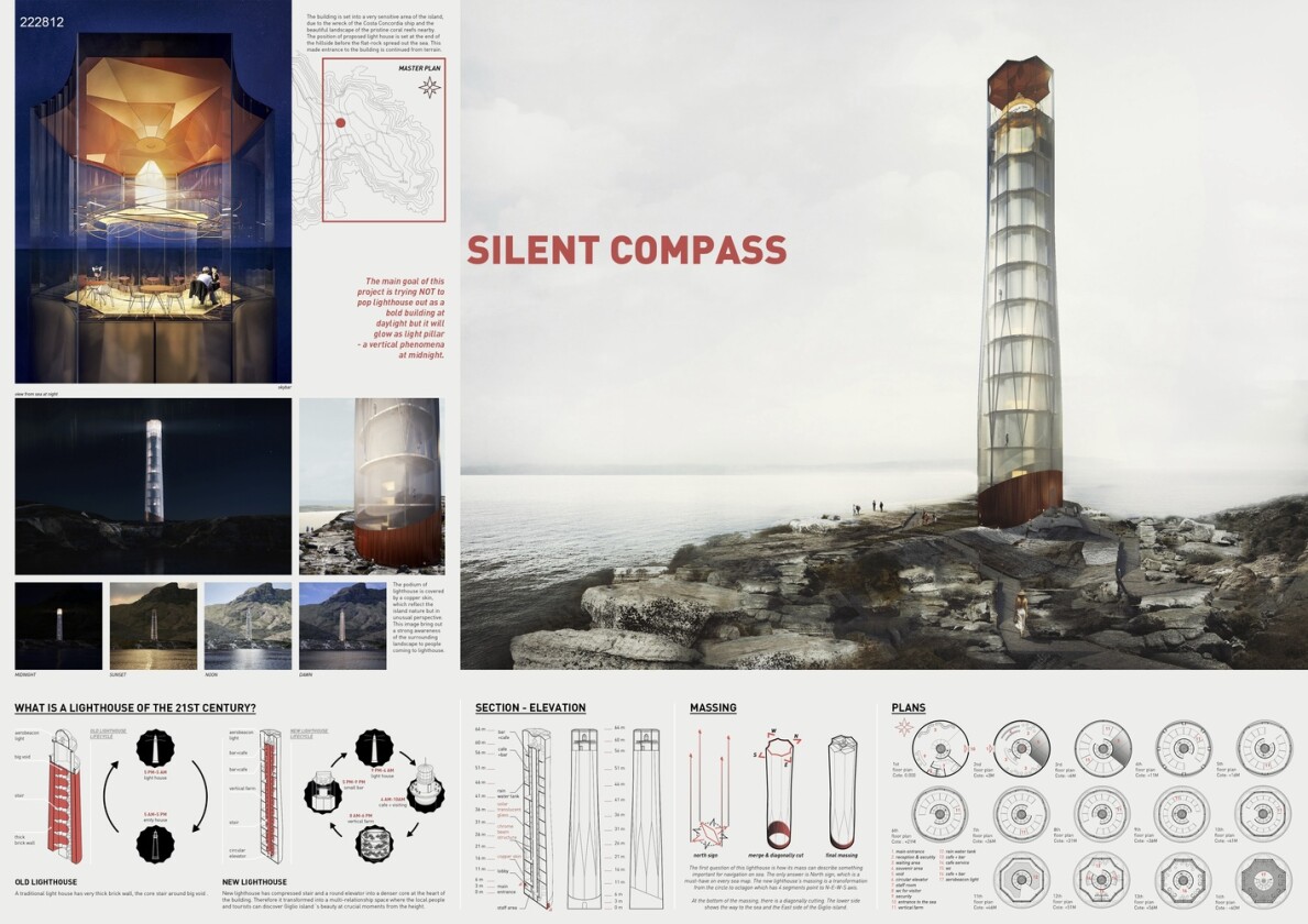 Runner-up Silent Compass heeds the classic lighthouse shape with a tubular structure that rises to a total height of 64 m (209 ft)