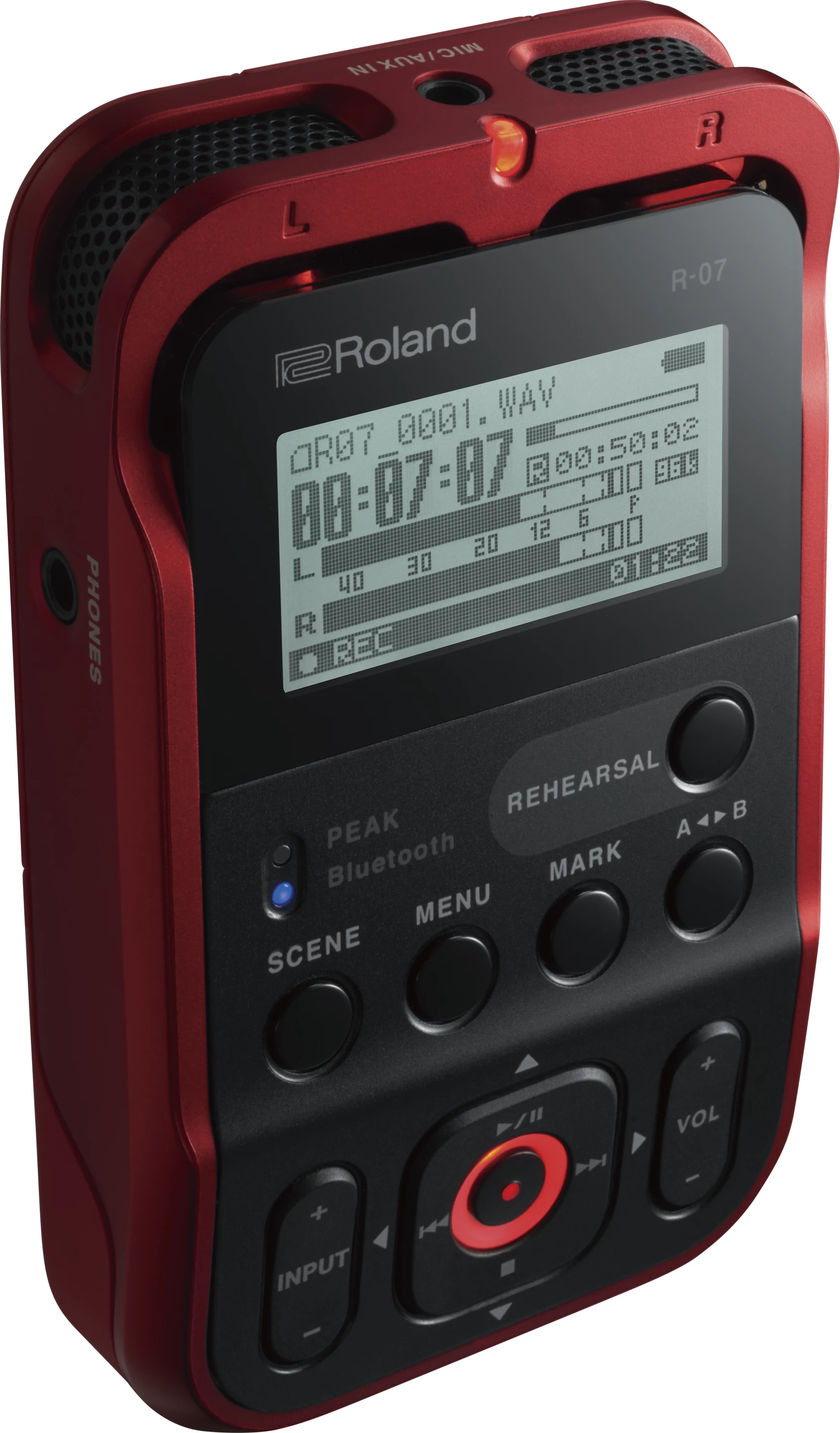 The Roland R-07 audio recorder supports mono and stereo WAV recording at up to 24-bit/96 kHz resolution, and MP3 at up to 320 kbps