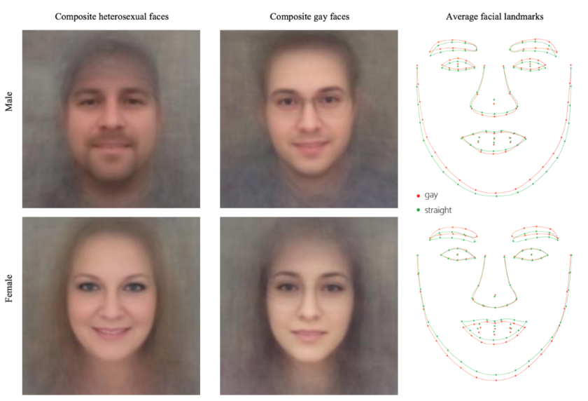 One the left is are male and female composite images of what the algorithm determined to be heterosexual while on the right are the male/female homosexual composite images