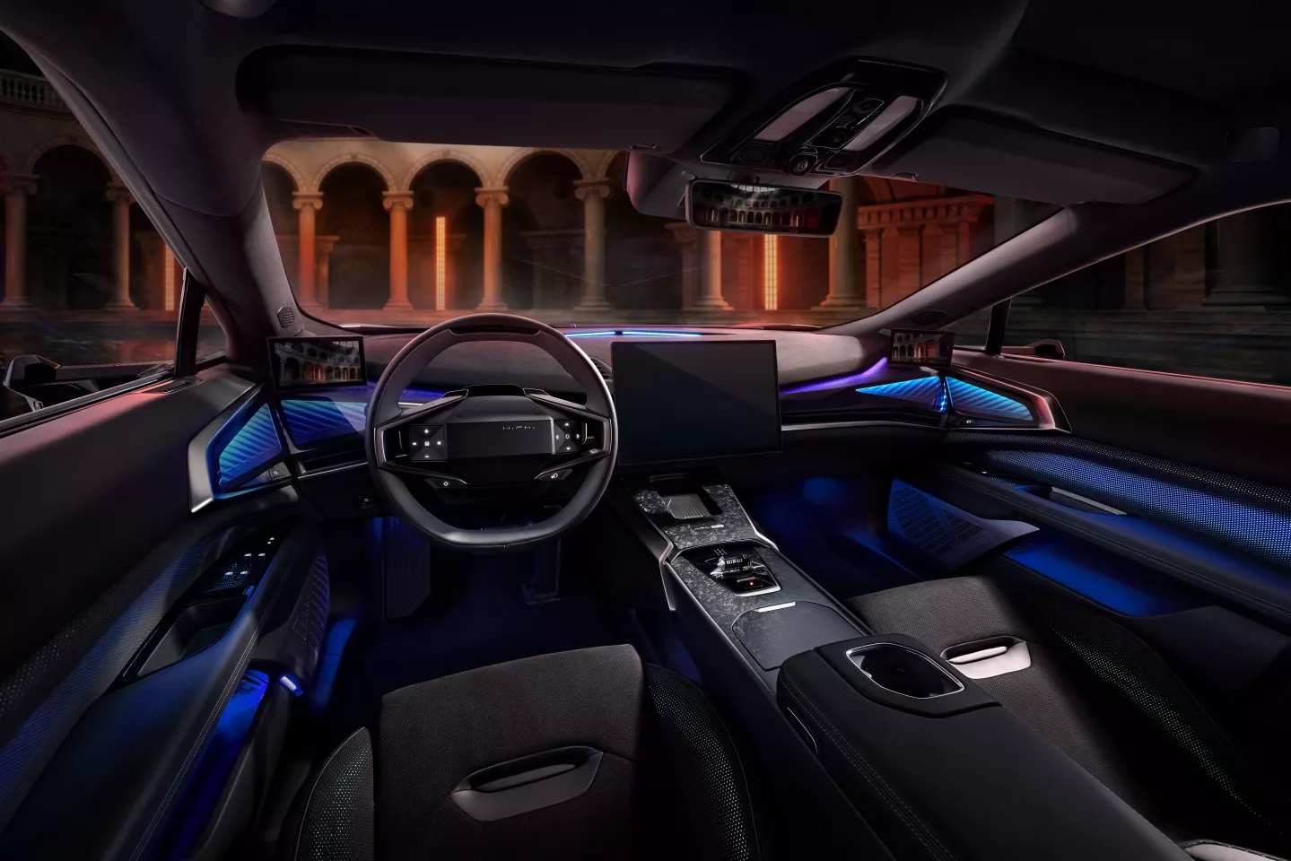 Digital tech all-over including side-view screens and a robo-adjusted infotainment tablet