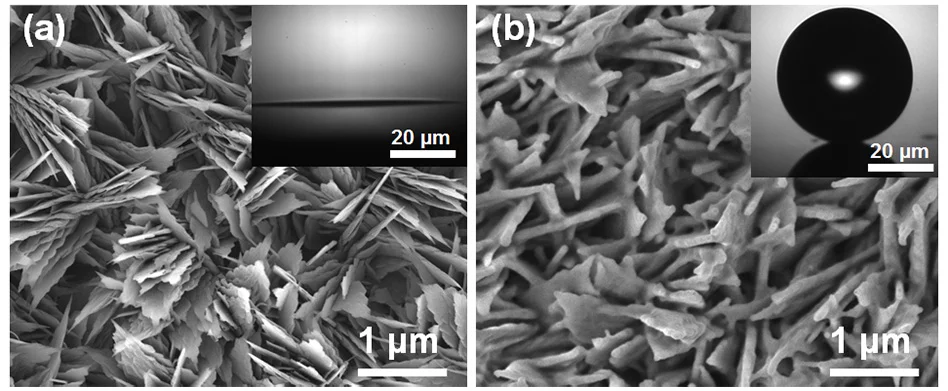 Images from a field emission scanning electron microscope show: on the left, an oxidized copper-oxide surface; on the right, a copper-oxide surface with a 30 nanometer-thick hydrophobic coating (Image: Nenad Miljkovic and Daniel J. Preston/MIT)