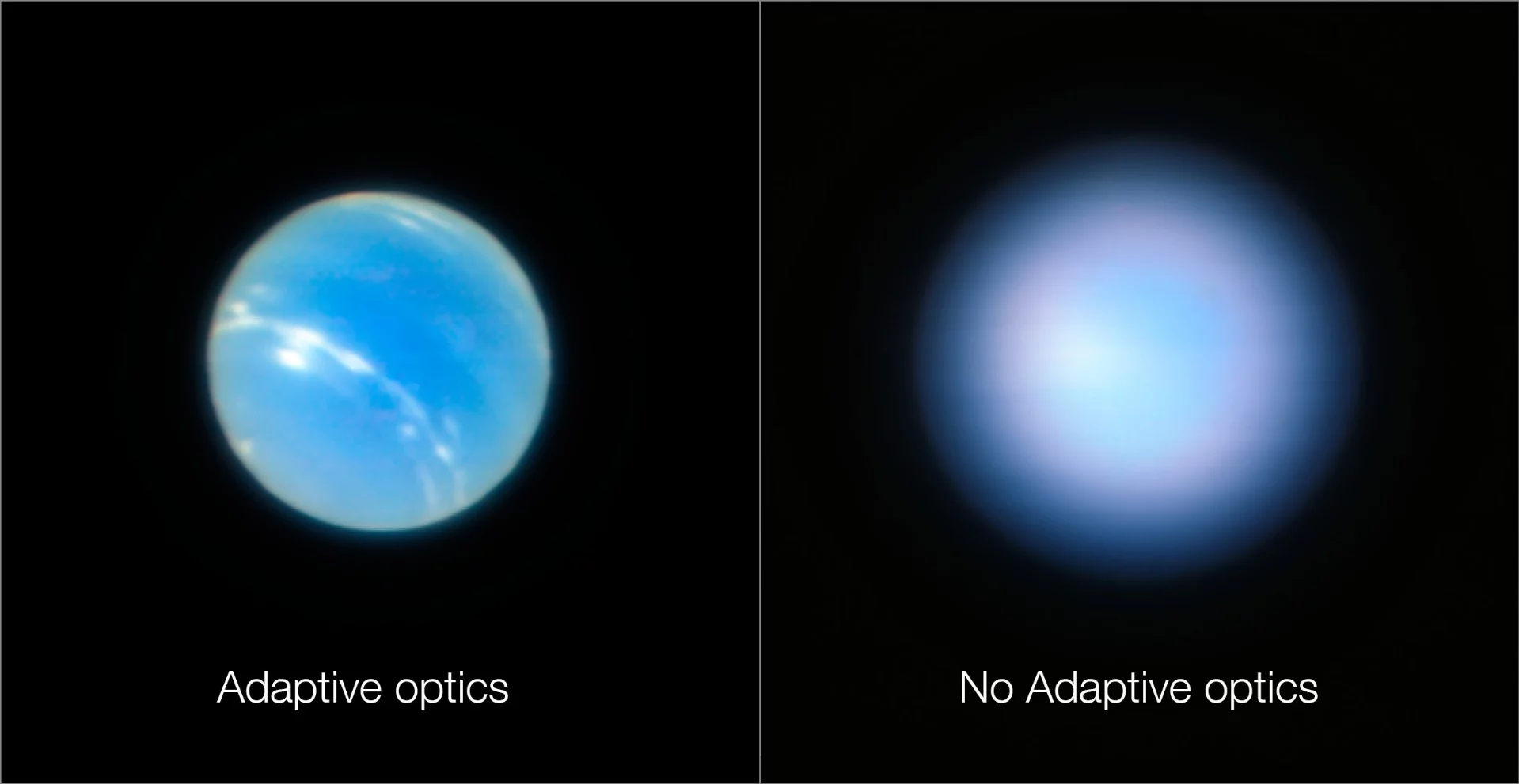 Images showing Neptune captured using the new adaptive optics mode, and another with it switched off