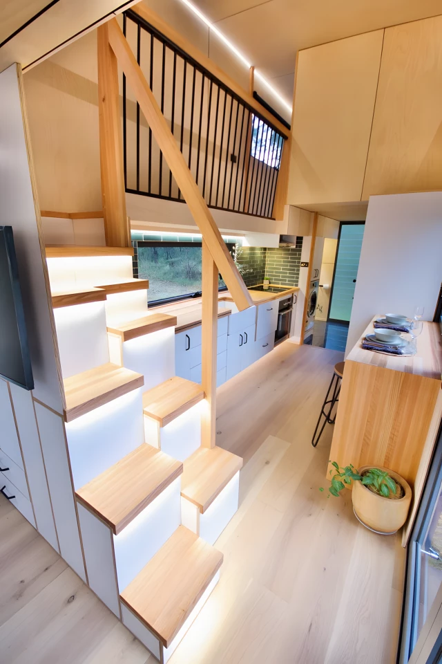 The GrandHaus' bedrooms are accessed by a space-saving alternate tread staircase