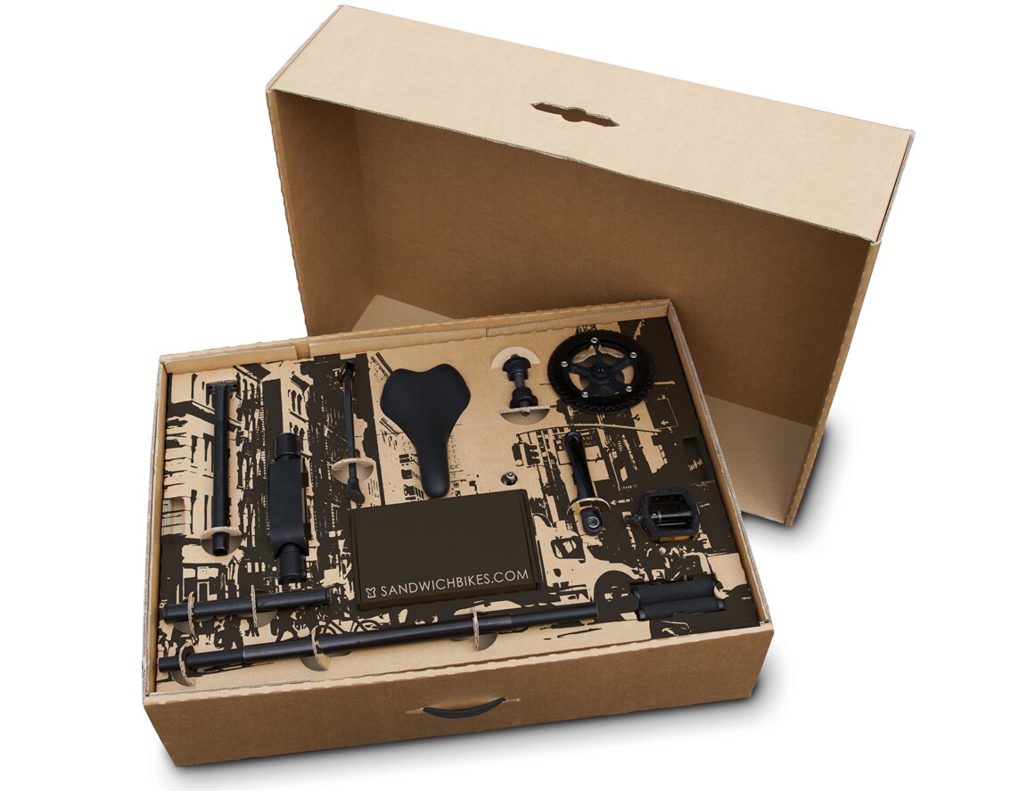The bike comes in a flat-packed box with less than 50 parts, and the tools necessary for assembly
