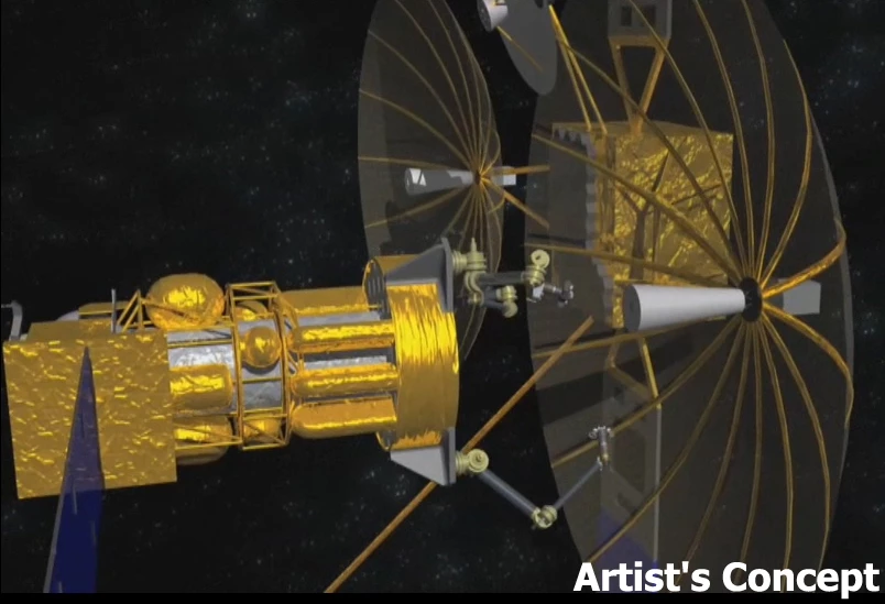 A rendering of DARPA's proposed tender satellite, in the process of removing the antenna from a defunct satellite