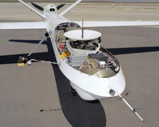 NASA's Altair UAV with the payload area filled with a satelltie antenna, electro-optical/infrared and ocean colour sensors