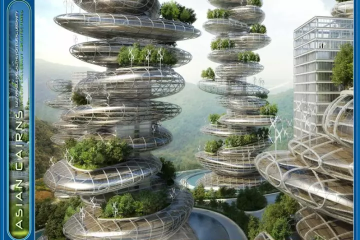 A French architectural group recently revealed its concept for "Asian Cairns," a series of six sustainable buildings that resemble a stack of pebbles and produce their own food