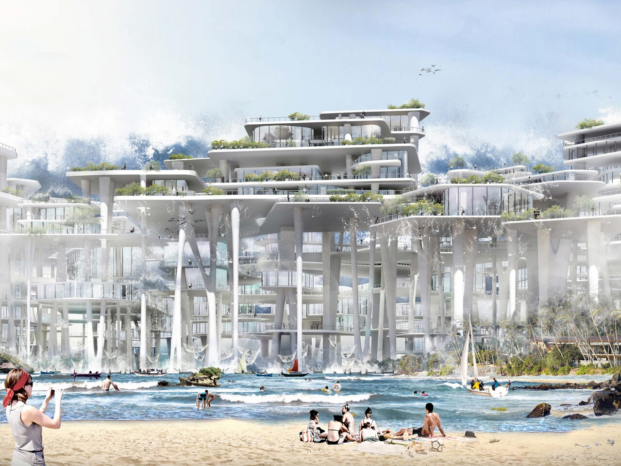 Tsunami Park Skyscraper was designed by China's Wang Jue, Zhang Qian, Zhang Changsheng, Li Muchun, and Xu Jing. Its design is inspired by mangroves and would be used to protect nearby communities from tsunamis