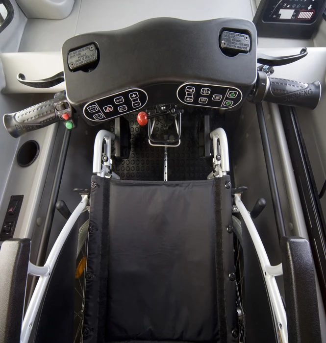 Motorcycle-style handlebars provide steering, though a joystick-controlled version is currently in development