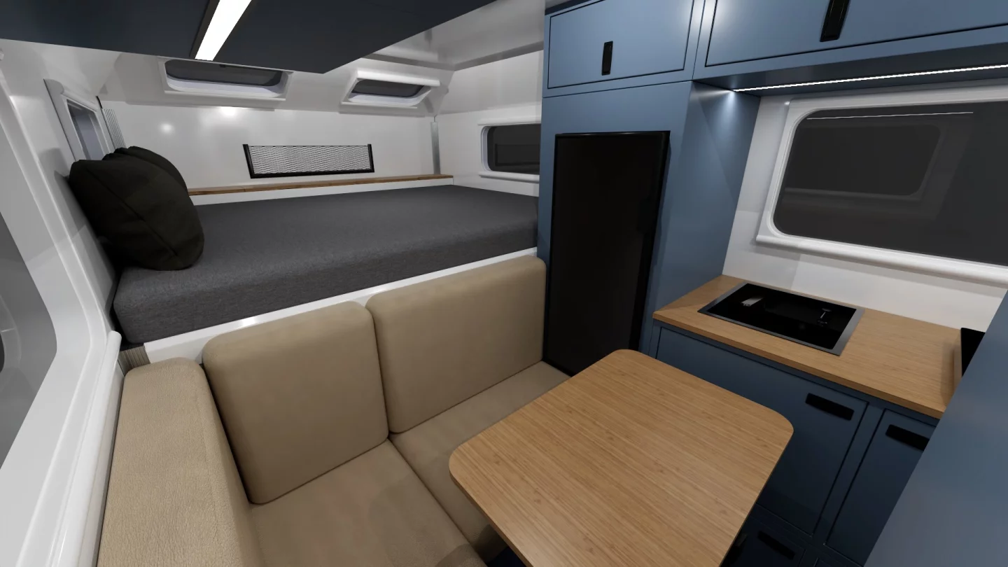 The $48,995 "Premium" layout includes a corner dining lounge, galley area with available fridge and induction cooker, and an alcove RV-queen-size bed