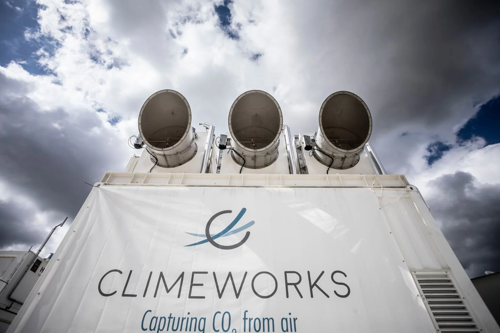 Climeworks carbon capture system draws in ambient air with huge fans and traps C02 with a selective filter material