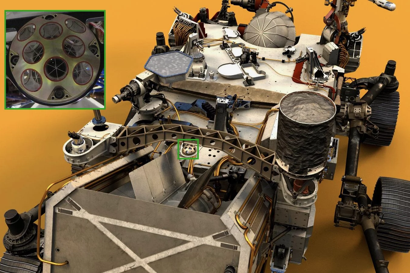 A photo of NASA's Perseverance rover with the retroreflector highlighted in the inset image