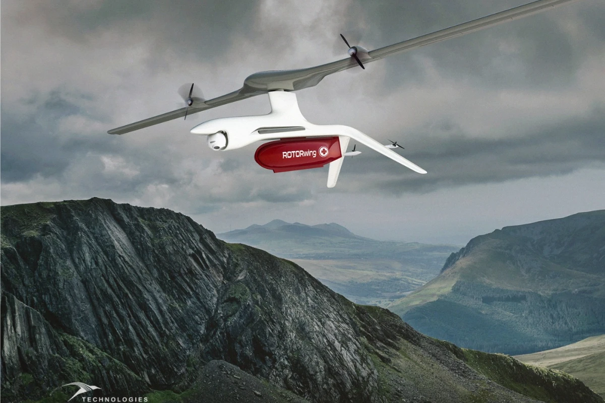 A rendering of the commercial version of the ROTORwing drone, with its gimbal-mounted camera and red cargo compartment