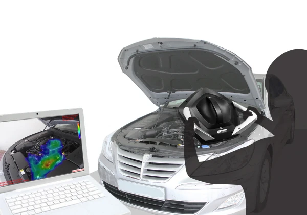An illustration of the SeeSV-S205 sound camera, be used to locate the source of an engine noise