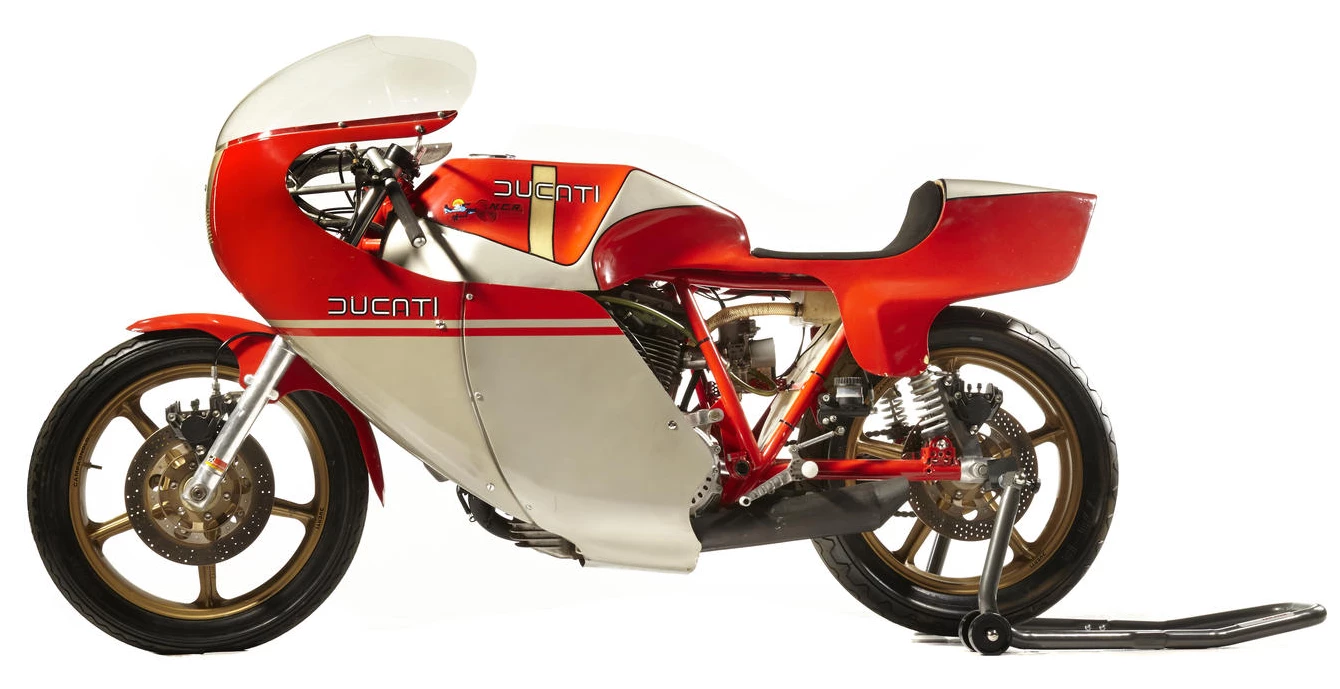 One of a batch of 25 machines created for Ducati by NCR for homologation purposes for the Formula 1 class of the 1978 Formula TT World Championships. This batch of machines enabled Ducati to take the very first of its now 30 plus world titles and most famously, one was ridden by Mike Hailwood in his now-legendary comeback win at the Isle of Man in 1978, when he emerged from an 11-year self-imposed exile from mainstream motorcycle racing at the geriatric (at least in racing terms) age of 38 years. In winning, he averaged 108.51mph and set a new lap record of 110.62mph, beating Phil Read on a works Honda for the title. This bike was purchased in 1978 and stored, untouched, until in early 2014, it sold at auction for US$175,500.