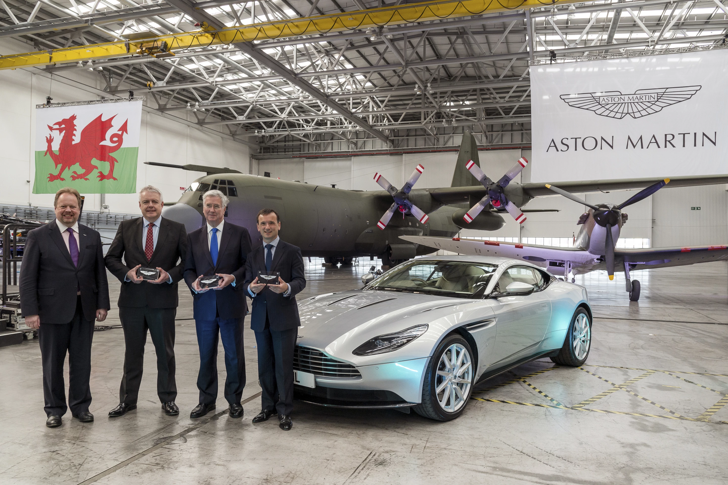 An Aston Martin DB11 flies the flag at the factory site in Wales, which will be used to produce the upcoming DBX SUV