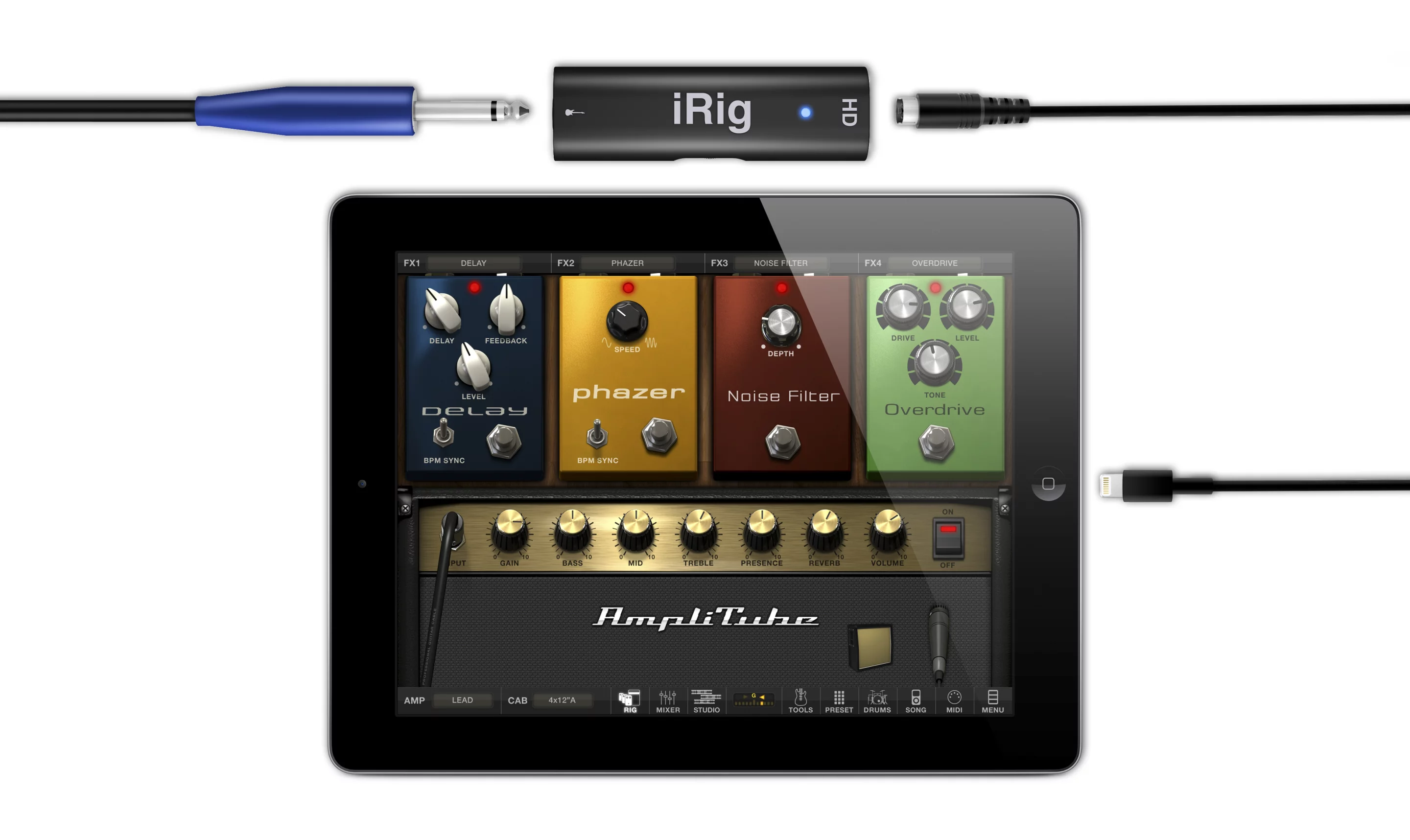 Unlike a more fully-featured interface such as the M-Audio Fast Track Pro, the iRig HD has no built-in headphones output