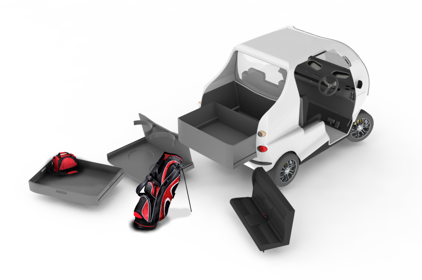 The Bug-E multi-purpose electric vehicle features four interchangeable rear storage modules and a steering wheel that can be positioned either left or right