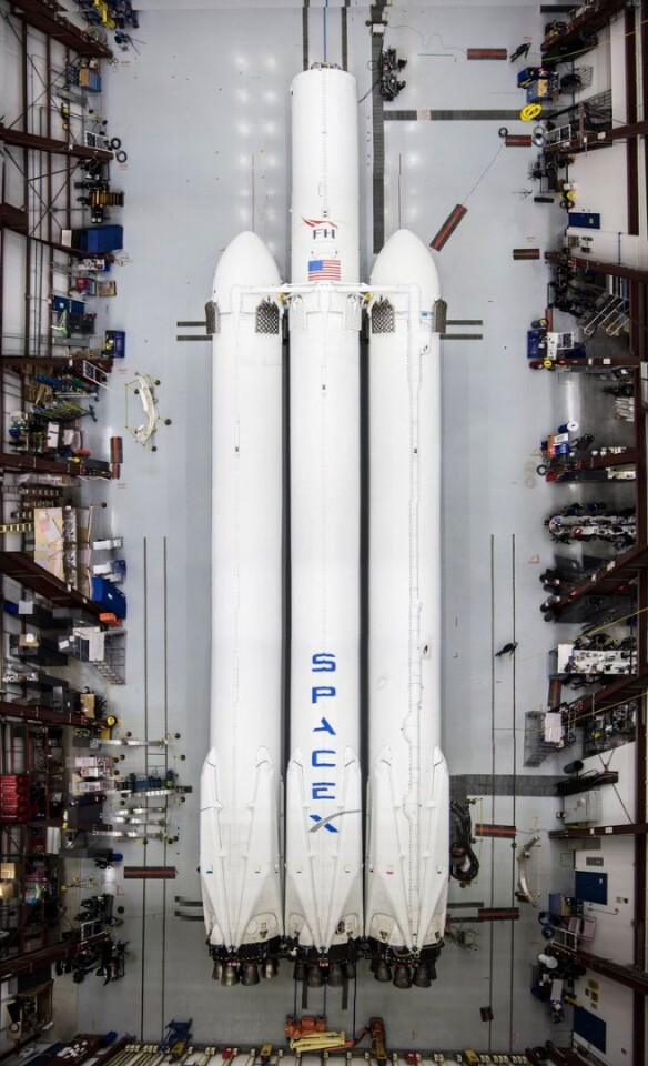 SpaceX's Falcon Heavy rocket, as seen from above, in the hangar at Cape Canaveral