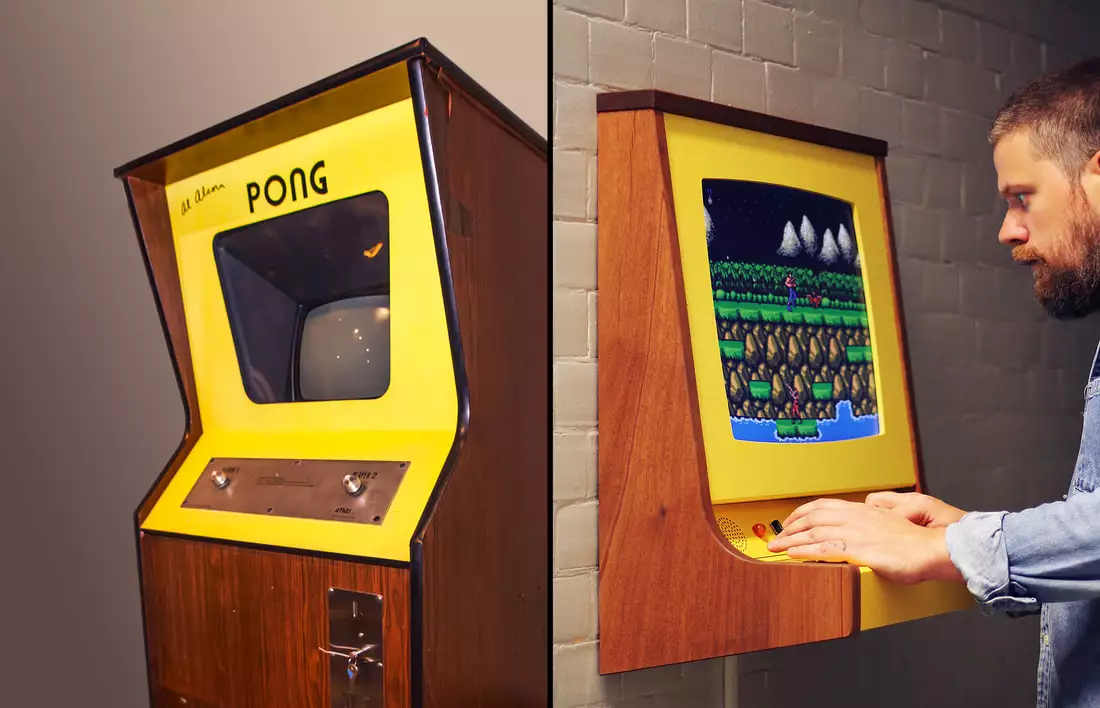 On the left, a Pong arcade cabinet and one the right Love Hultén's OriginX tribute