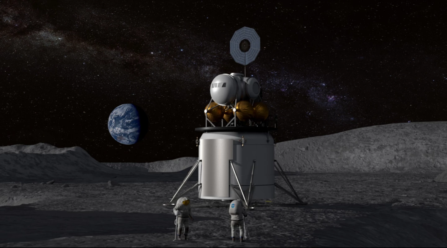 Illustration of a human landing system and crew on the lunar surface with Earth on the horizon