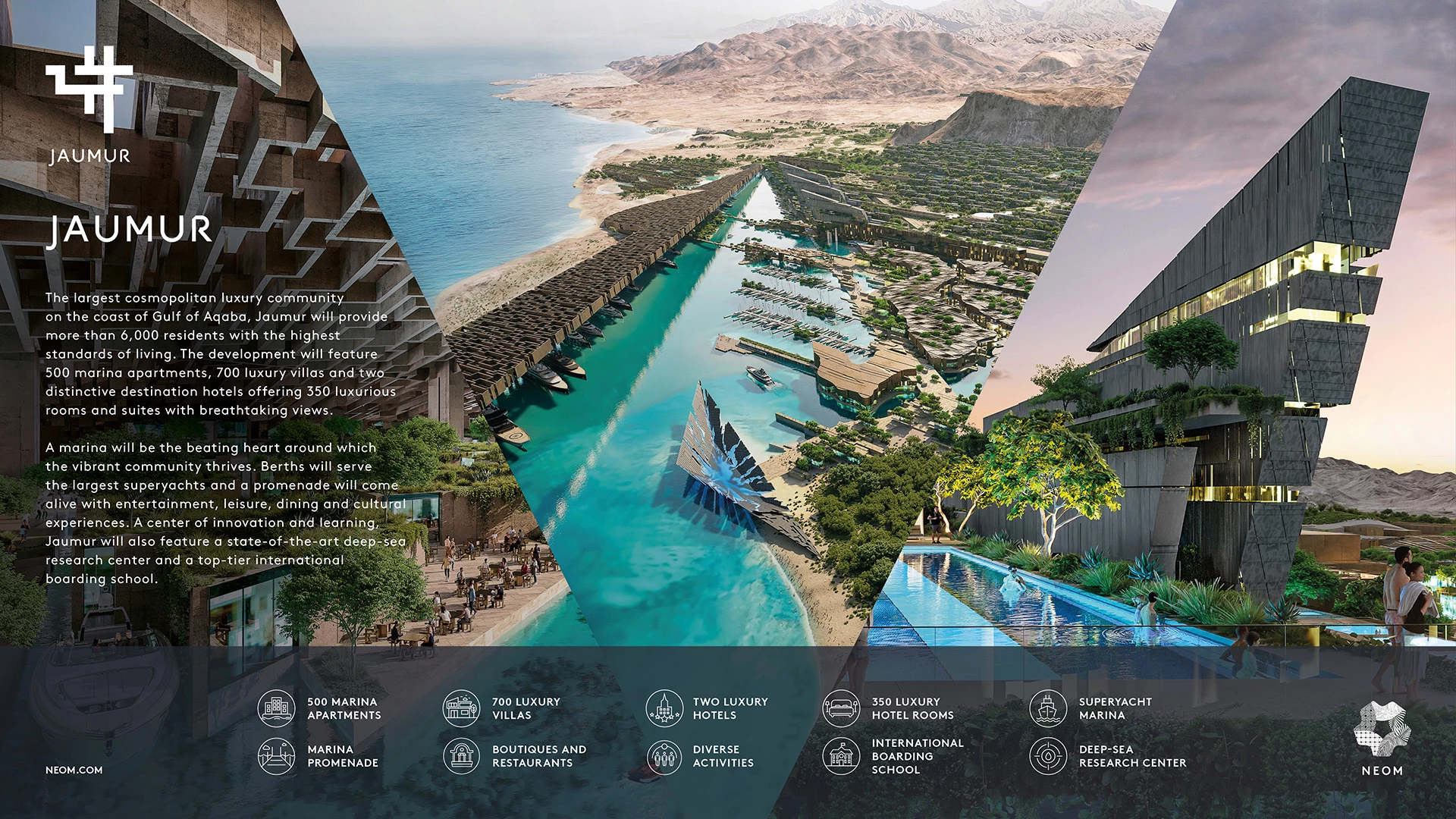 "Jaumur will be an exclusive residential community set around an inspiring superyacht marina," according to the Neom website
