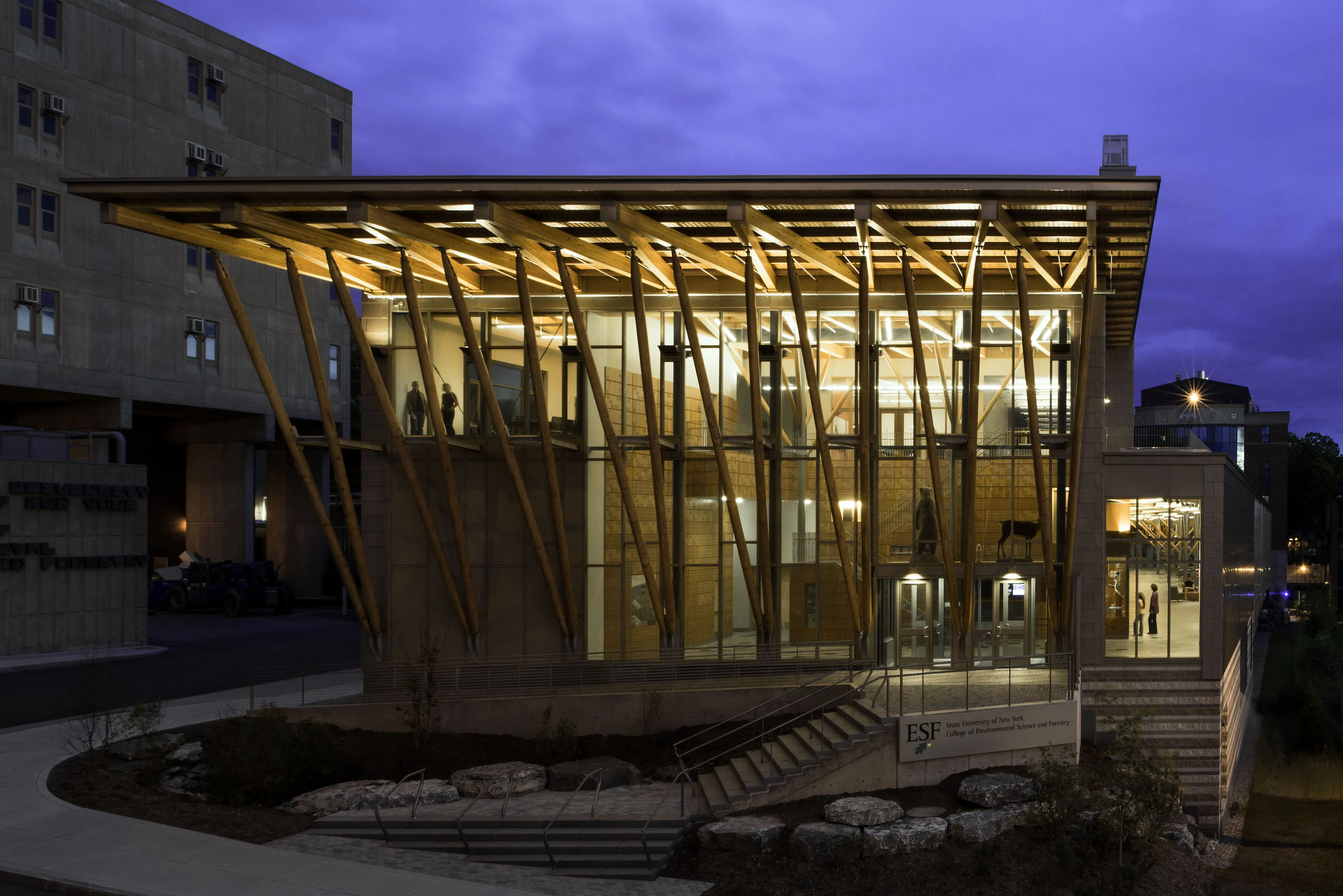 The LEED Platinum SUNY-ESF College of Environmental Science & Forestry Gateway Center campus was built using metal shingles and recycled concrete block, in addition to sustainably-sourced wood (Photo: David Lamb)