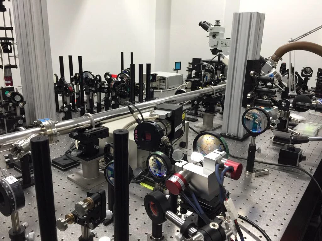 The actual setup of lasers, mirrors and lenses that rendered the 3D holograms