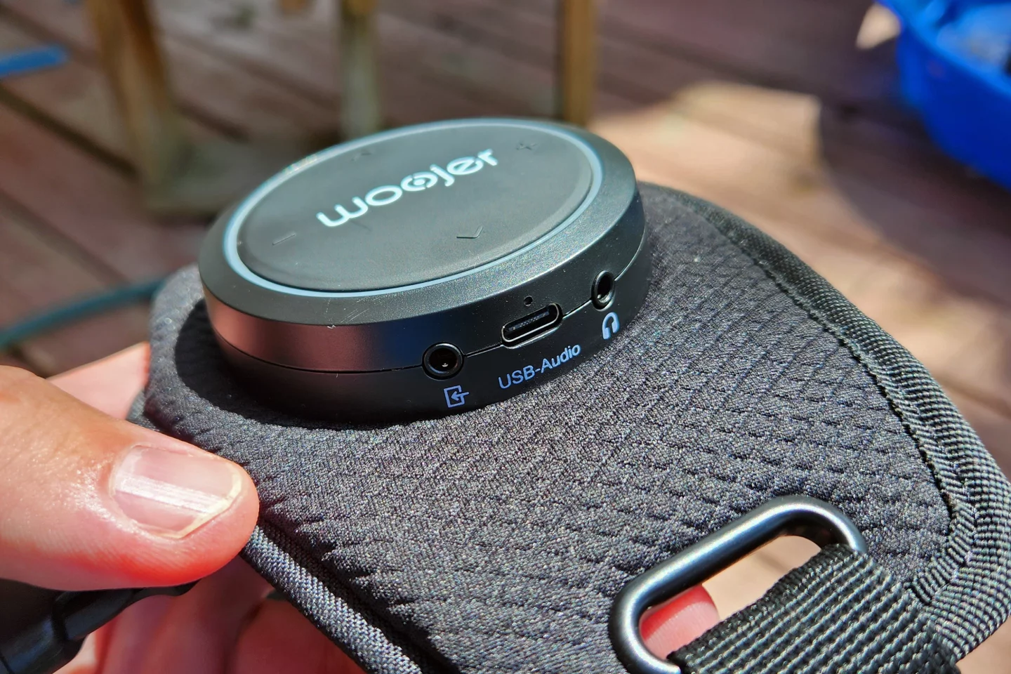The left chest has all your controls and inputs. The ring lights up, indicating how much punch you want and also the volume levels. The USB-C charging port is on the back