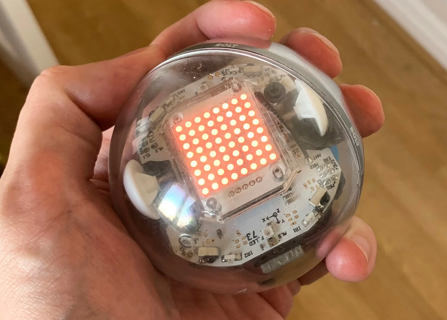 The Sphero Bolt is about the size of a tennis ball, durable, and waterproof
