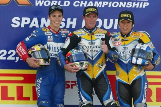 The rostrum after race one - Vermeulen, Corser and Kagayama