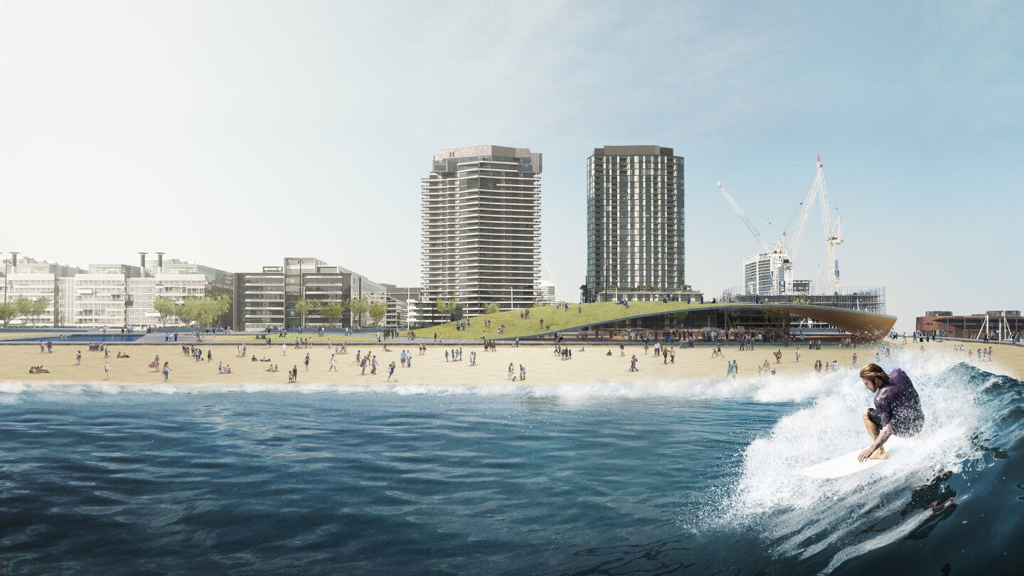 Surfers would be able to enjoy waves up to 1.5 m (4.9 ft) high and 160 m (524 ft) long (Image: Damian Rogers Architecture, Arup, and Squint/Opera)