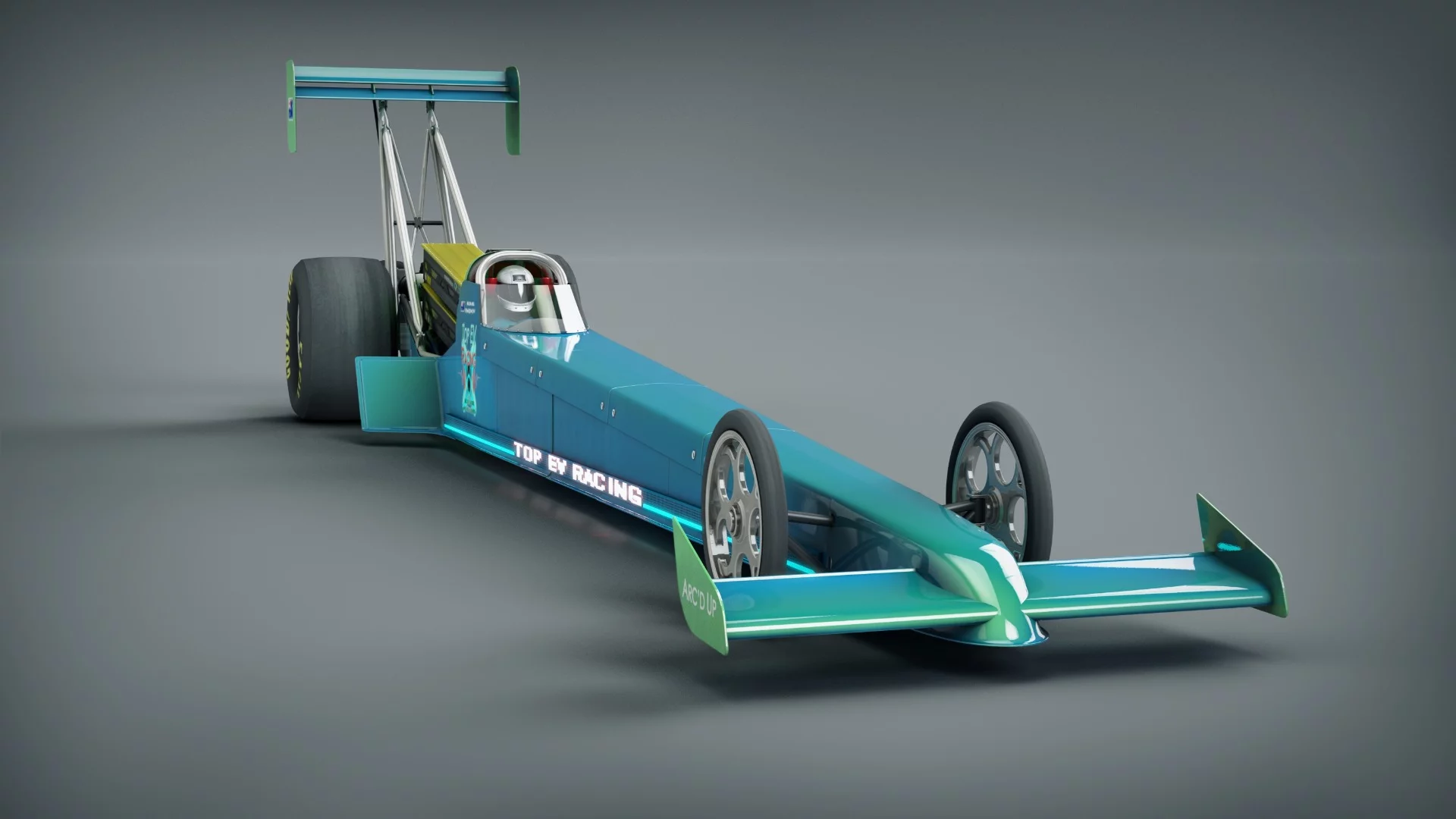 Top EV Racing's Arc'd Up dragster, featuring bright information readouts down the side