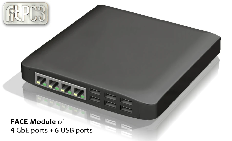 A rendering of one FACE Module usage scenario - four Gigabit Ethernet and six USB ports installed for networking