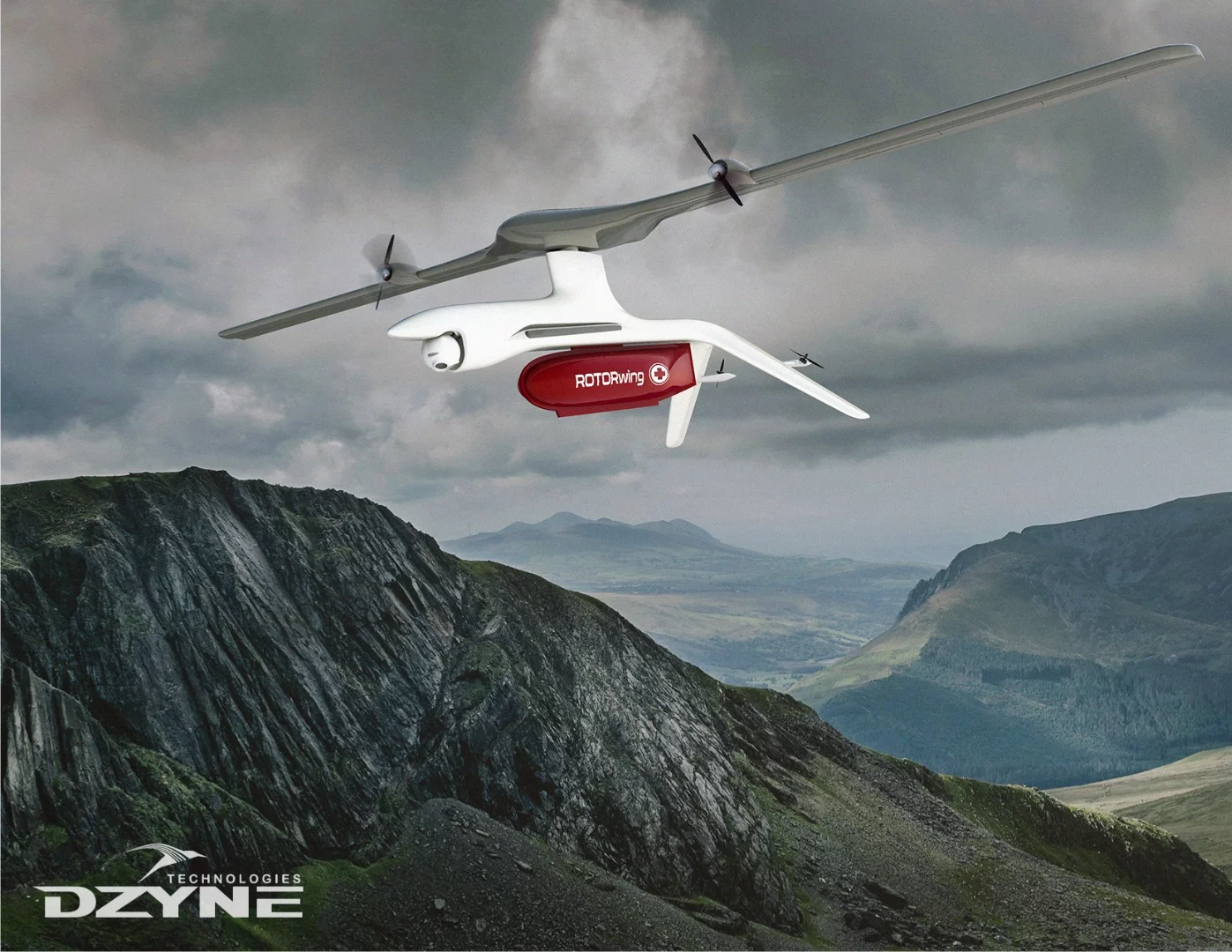 A rendering of the commercial version of the ROTORwing drone, with its gimbal-mounted camera and red cargo compartment