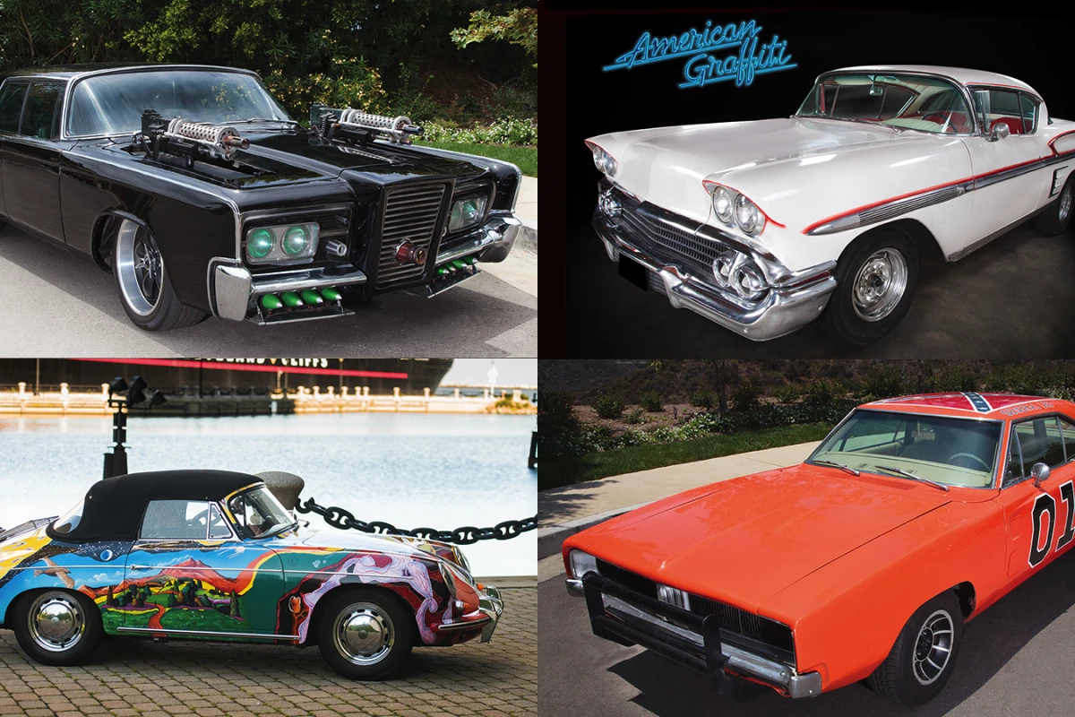 From top left clockwise: 'Black Beauty' from "The Green Hornet"; Steve’s 1958 Chevrolet Impala from 'American Graffiti’, ‘General Lee’ from ‘The Dukes of Hazzard’ TV series and Janis Joplin’s 1964 Porsche 356 C 1600 SC Cabriolet