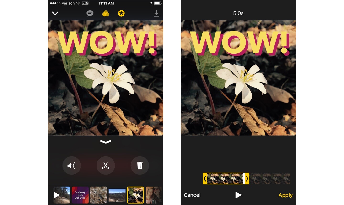 (L) Edit screen (R) Trimming the clip length