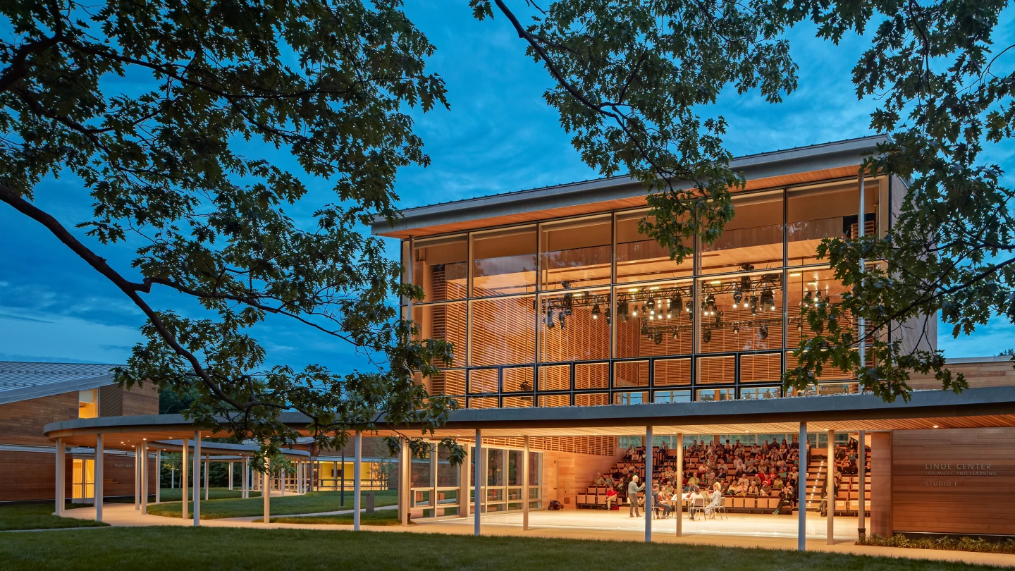 The Tanglewood Linde Center for Music and Learning is located in Lenox, Massachusetts, and was designed by William Rawn Associates, Architects, Inc.
