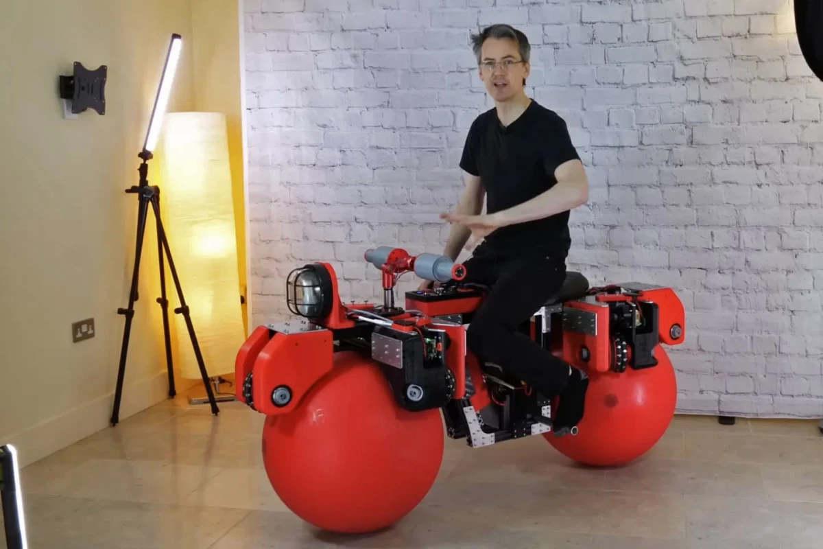 The completed omnidirectional self-balancing bike built by James Bruton