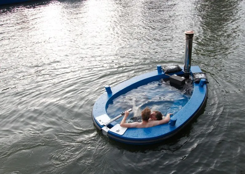The HotTug is built mainly from wood, with the 2,000-liter (528-gallon) tub itself made from glass fiber-reinforced polyester