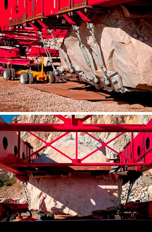 Cradling the rock onto the trailer at the quarry(Photos: Tom Vinetz)