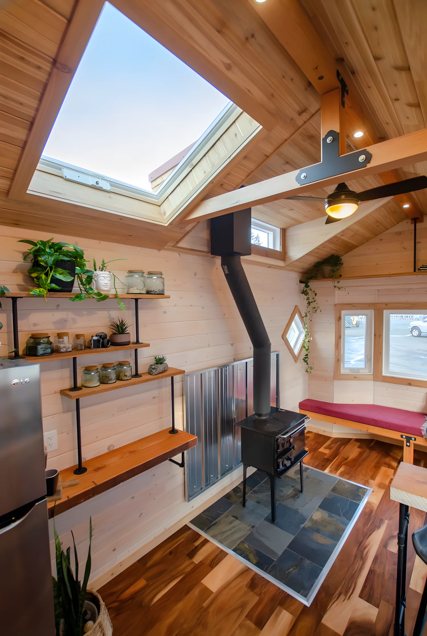 The Huckleberry includes a vintage wood-burning stove with an integrated bread oven and cooktop