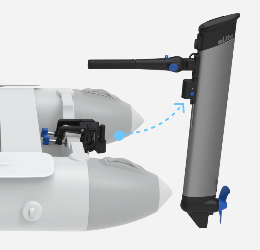 The quick-connect bracket clamps to the boat, allowing the eLite drive to connect and disconnect with a single click