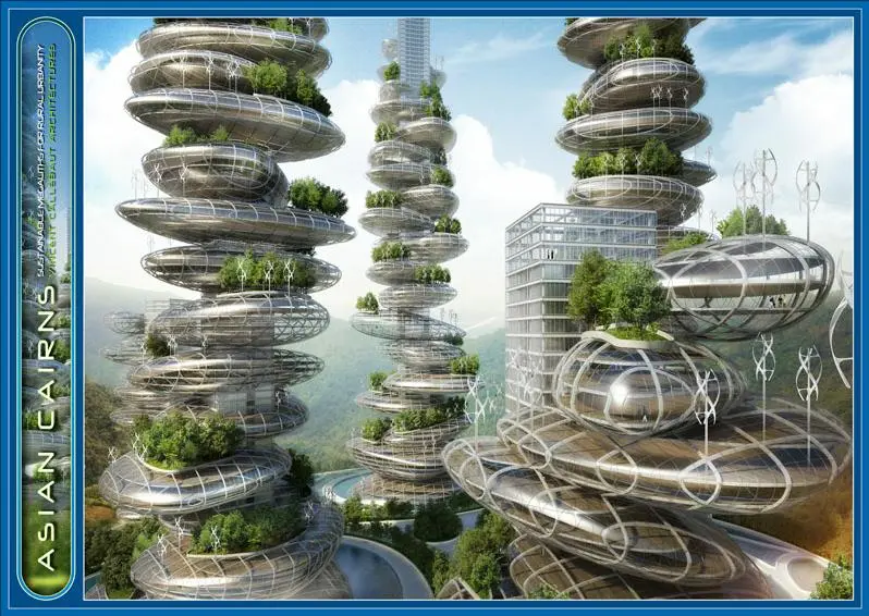 A French architectural group recently revealed its concept for "Asian Cairns," a series of six sustainable buildings that resemble a stack of pebbles and produce their own food