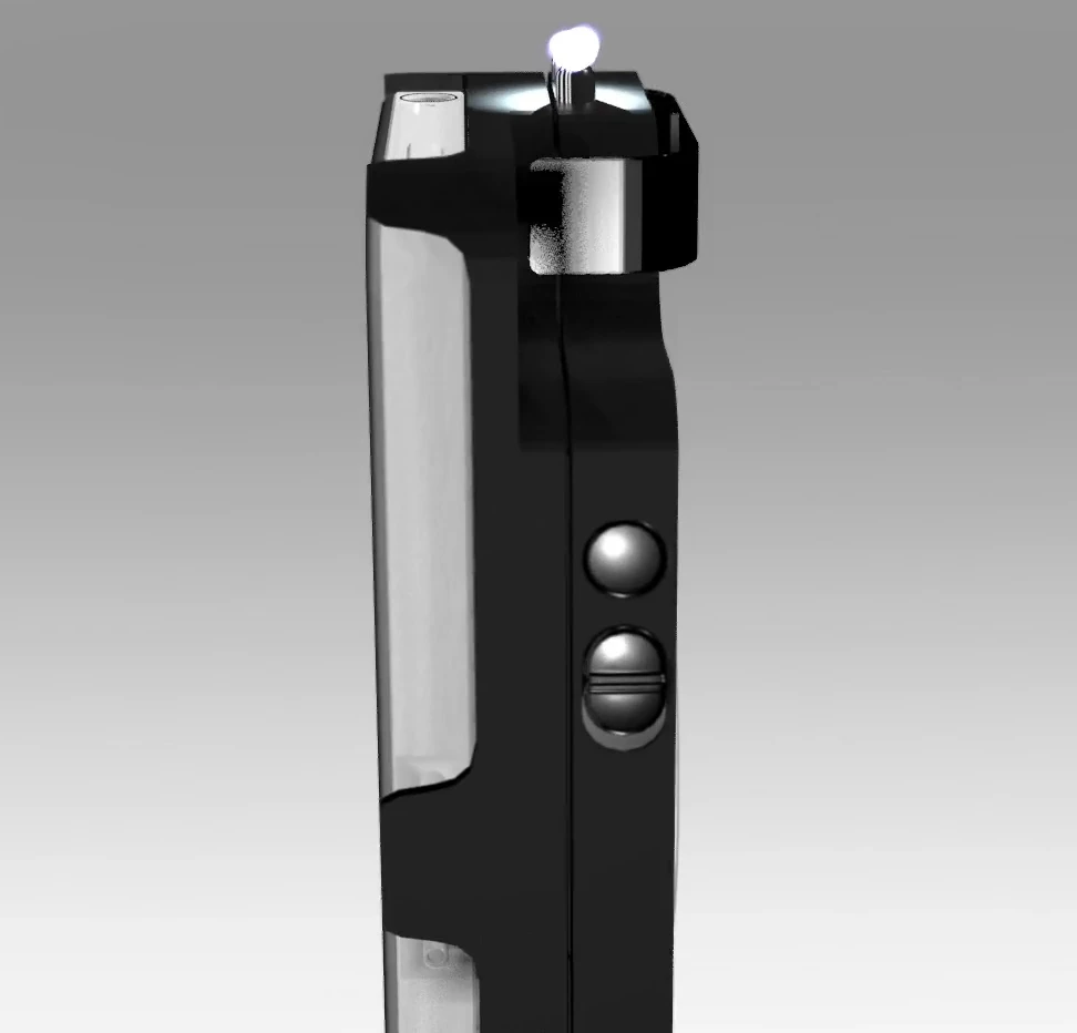 The stun gun electrodes are located on the top of the case