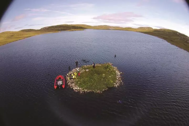 Aerial view of islet in Loch Langabhat