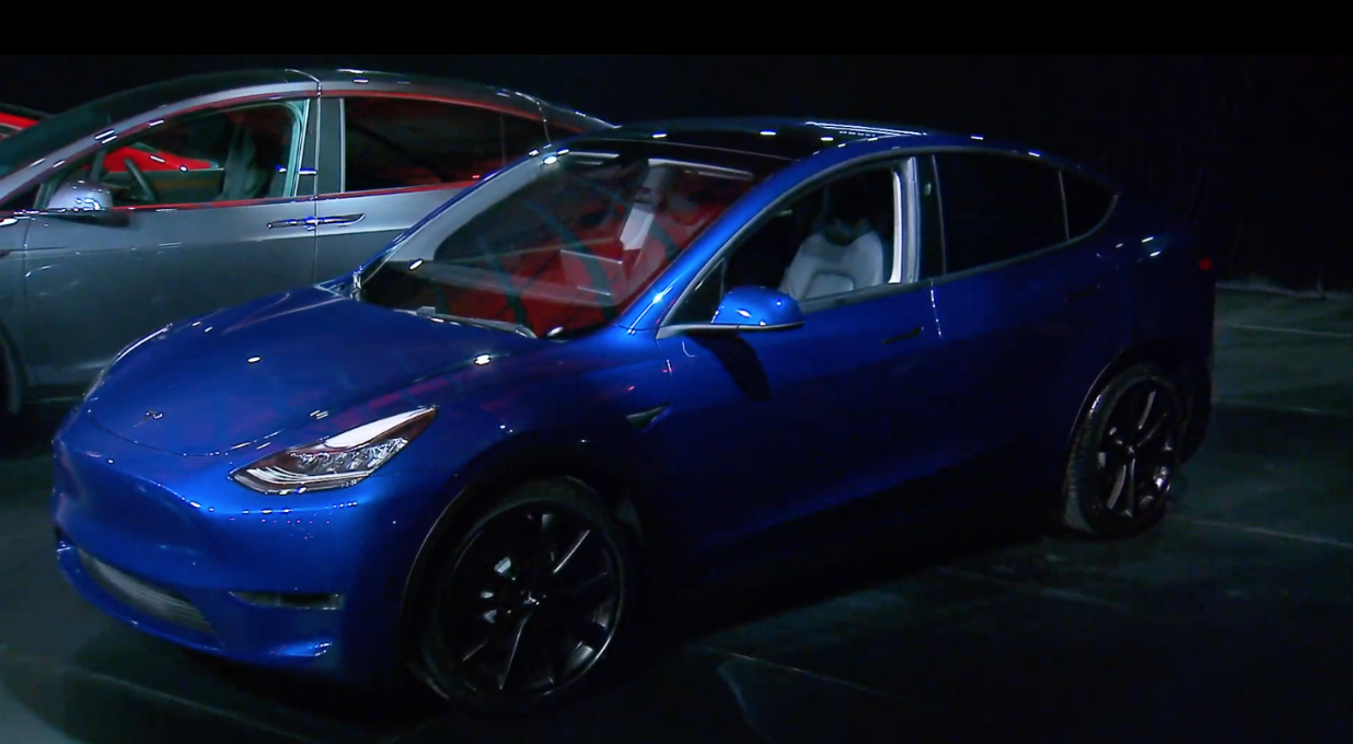 The Tesla Model Y on stage in LA