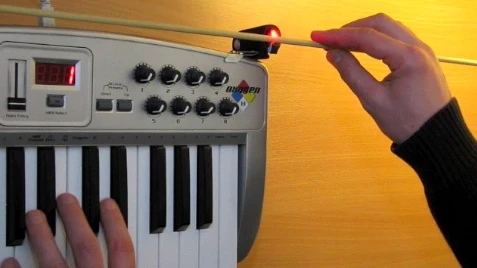 The first prototype used an adapted optical mouse sensor to track the movement of the bow and add some expressive power to an otherwise rather dry and emotionless source sound